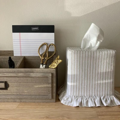 Natural Stripe Linen Blend Ruffle Tissue Box Cover - Etsy | Etsy (US)