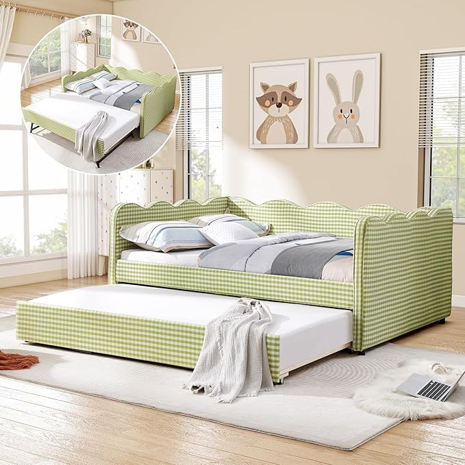 Full Size Daybed with Pop Up Trundle, Linen Gingham Full to King Daybed with USB Ports, Upholster... | Amazon (US)