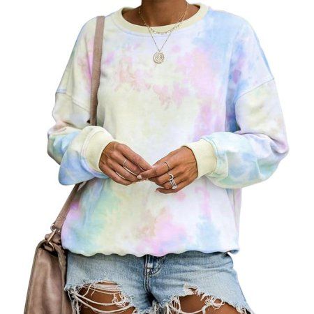 Women s Casual Pastel rainbow tie-dye crewneck pullover Sweatshirt | Walmart (US)