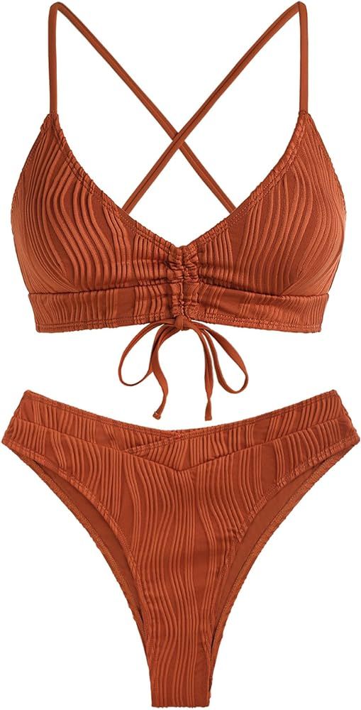ZAFUL Women's V Neck Tankini Set, Ribbed High Cut Surplice Bikini High Waisted Two Piece Swimsuit | Amazon (US)