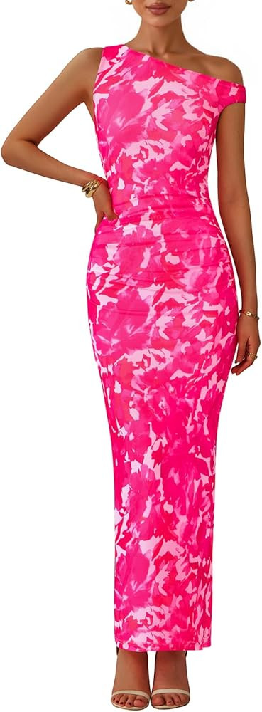 PRETTYGARDEN Women's 2025 Summer Floral One Shoulder Maxi Dress Wedding Guest Ruched Mesh Bodycon... | Amazon (US)
