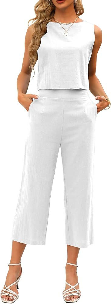 Summer 2 piece outfits for women Round Neck Back with Buttons Sleeveless Tank Wide Leg Pants Sets... | Amazon (US)