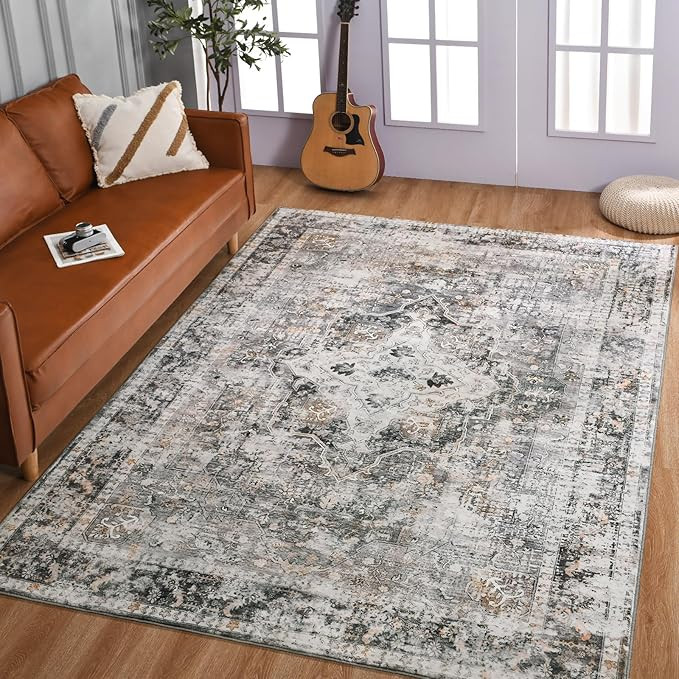 YOH Boho Washable Rug 5x7, Charcoal Gray Vintage Non Slip Area Rug, Distressed Indoor Carpet for ... | Amazon (US)