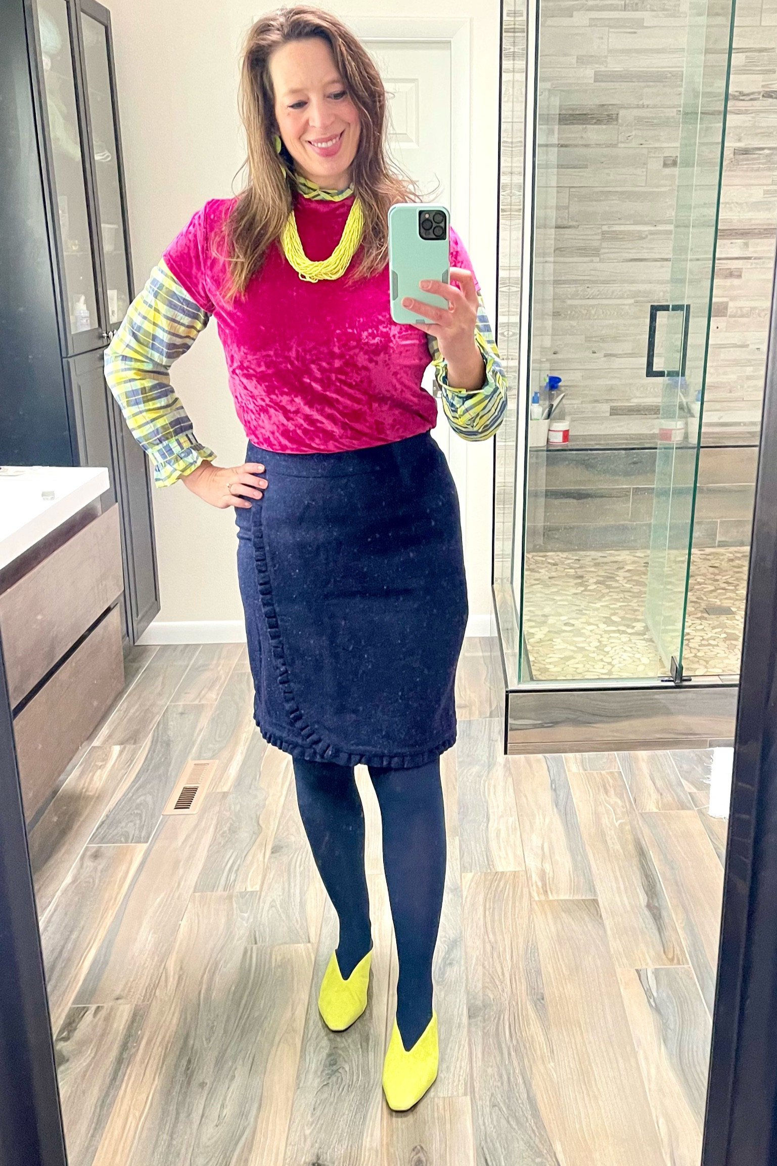 Pink velvet, neon yellow, blue/yellow/green plaid top in cotton and silk, wool blend ruffle pencil skirt, navy tights, and neon shoes. 

#LTKworkwear #LTKSeasonal #LTKcurves