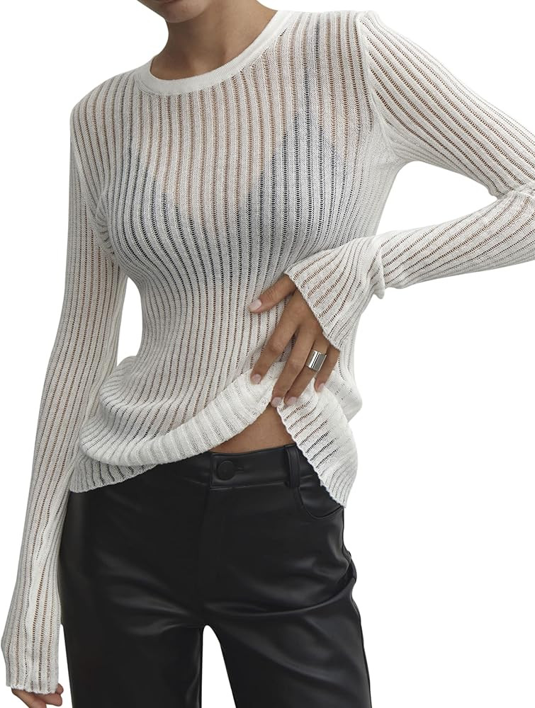 SAFRISIOR Women Sexy See Through Long Sleeve T-Shirts Mesh Sheer Skinny Rib Scalloped Trim Tees B... | Amazon (US)