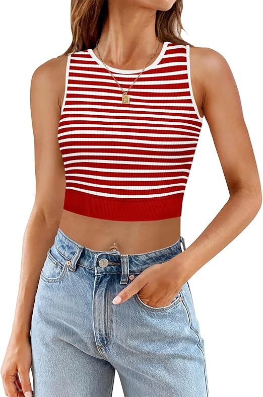 MEROKEETY Women's Ribbed Knit Crop Tank Tops Summer Y2K Striped Sleeveless Shirts | Amazon (US)