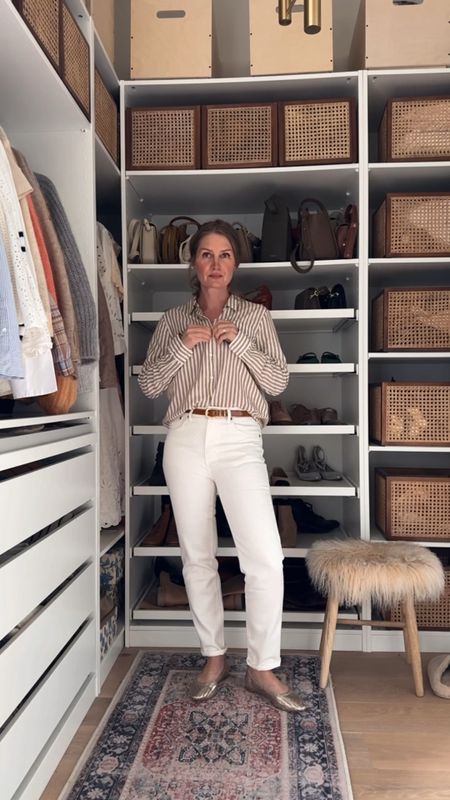 Smart casual outfit, striped shirt, white jeans, spring outfit, Goelia cardigan, classy outfit, classic outfit, Boden, Sezane, gold jewellery 

#LTKstyletip #LTKuk #LTKsummer