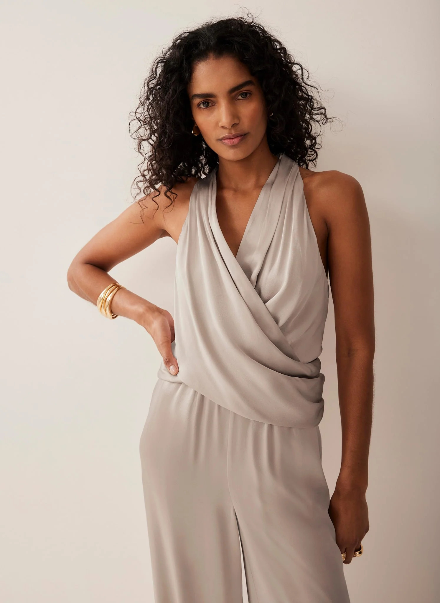 Neutral Satin Wrap Top | Mint Velvet