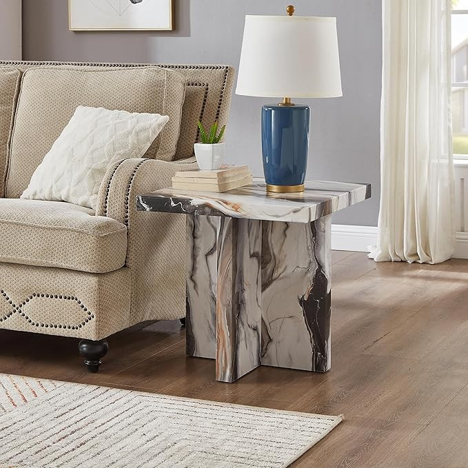 Roundhill Furniture Cavira Modern Faux Marble Living Room Side Table, Off-White | Amazon (US)