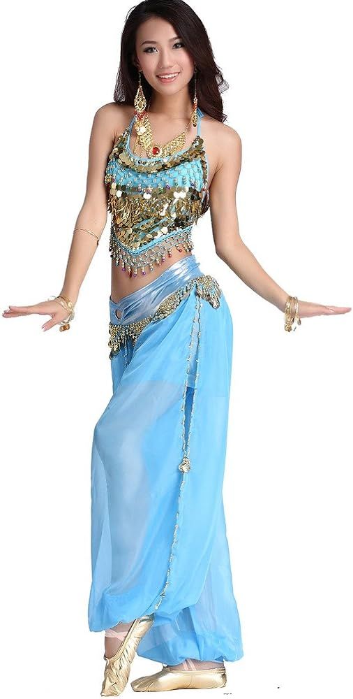 Amazon.com: ZLTdream Lady's Belly Dance Chiffon Banadge Top and Lantern Coins Pants Light Blue, O... | Amazon (US)