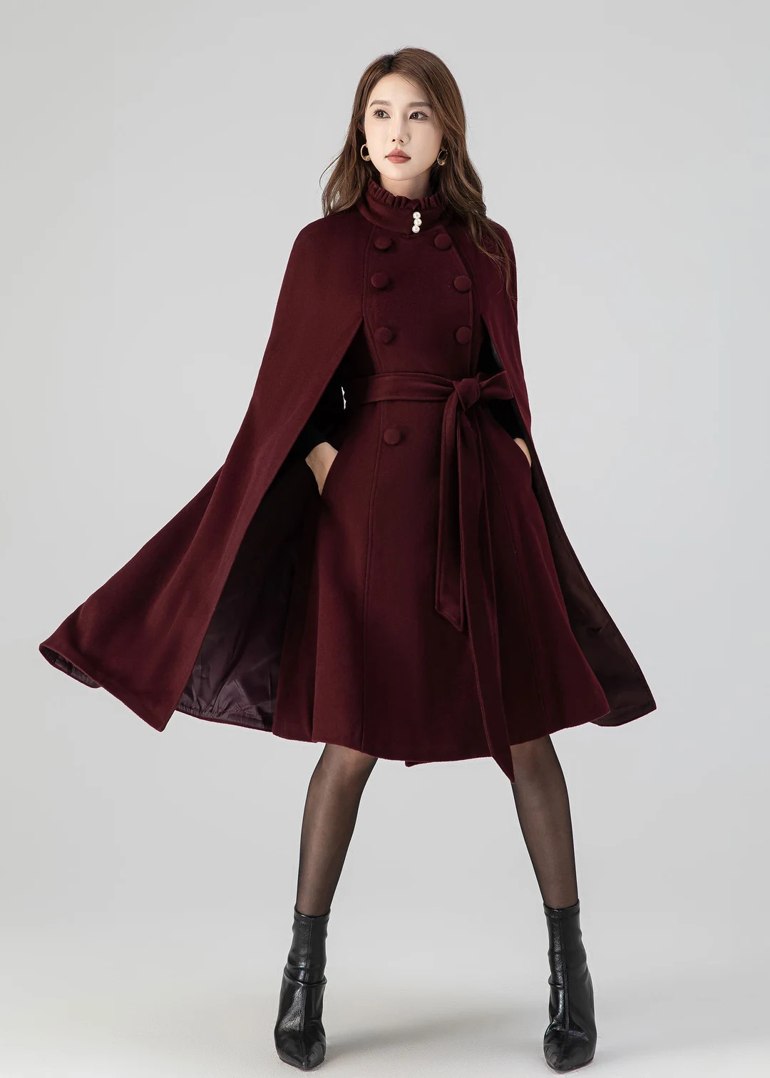 Burgundy Swing Cloak Coat, Winter Wool Cape Coat Women, Long Wool Cape With Stand Collar, Fall Ca... | Etsy (US)