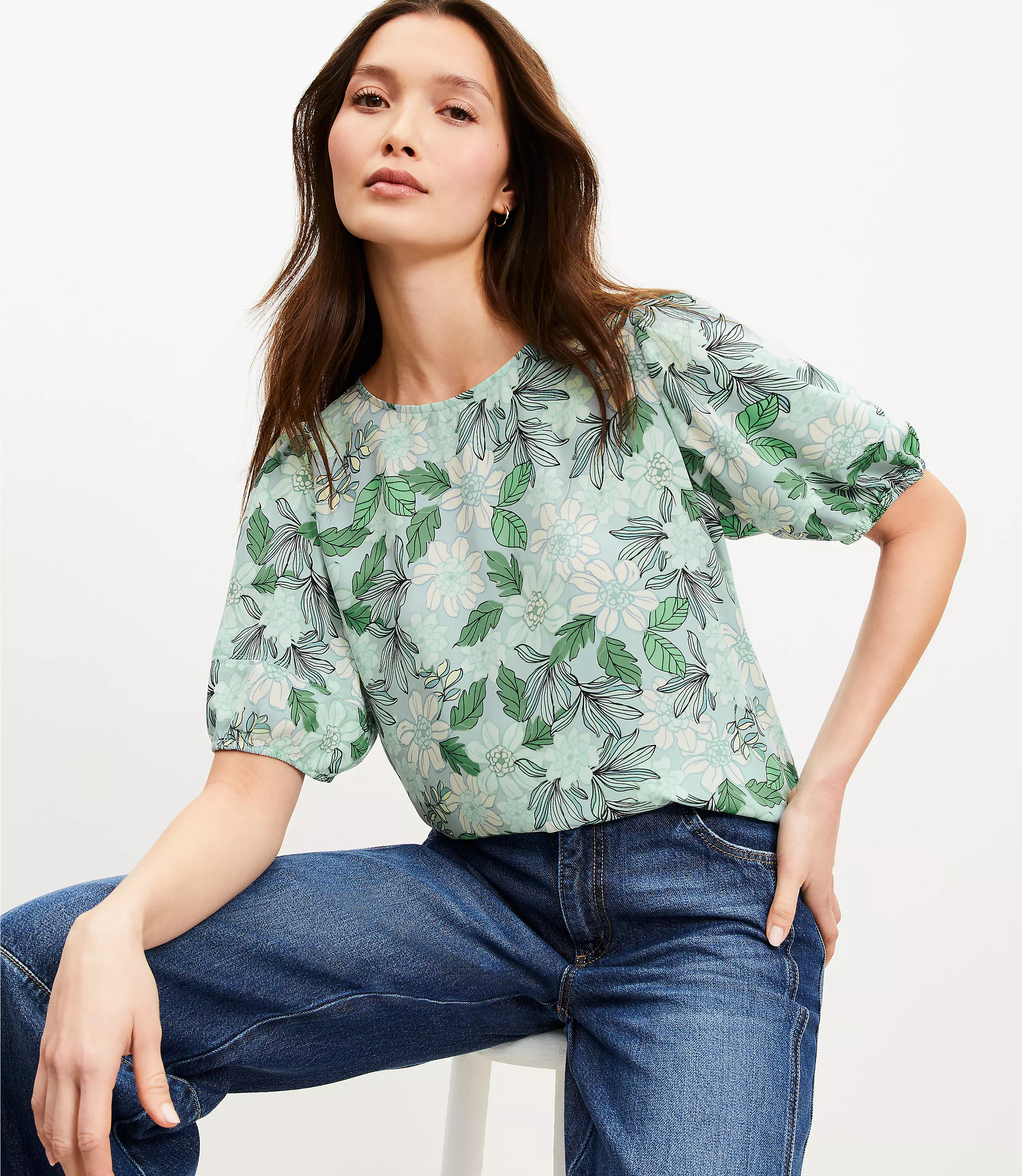 Gardenia Bubble Sleeve Mixed Media Top | LOFT