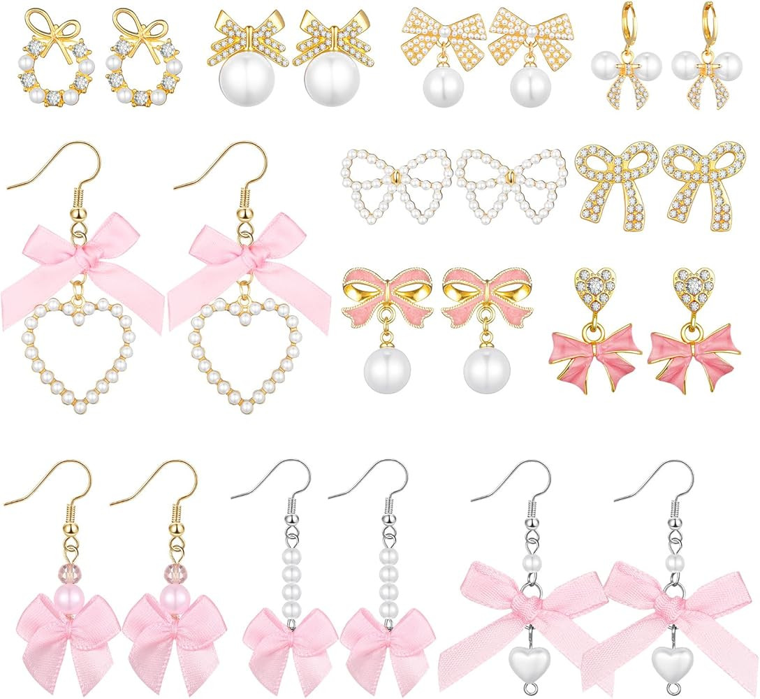 12 Pairs Pink Bow Earrings for Women Gold Bow Ribbon Pearl Stud Earrings Rhinestone Drop Gift for... | Amazon (US)
