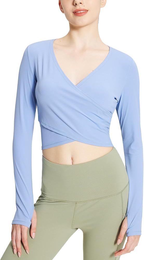 BALEAF Women's Long Sleeve Crop Top for Workout Yoga Wrap Tops V Neck Slim Fit Shirts with Thumb ... | Amazon (US)