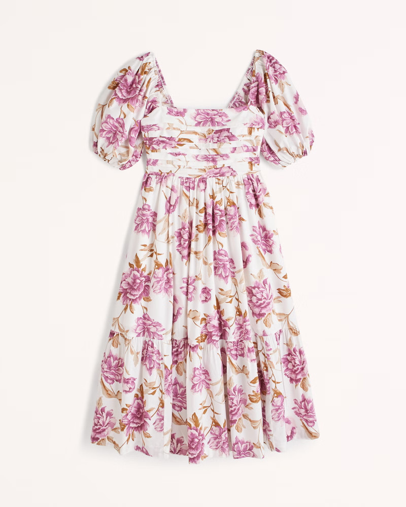 Ruched Puff Sleeve Poplin Midi Dress | Abercrombie & Fitch (US)