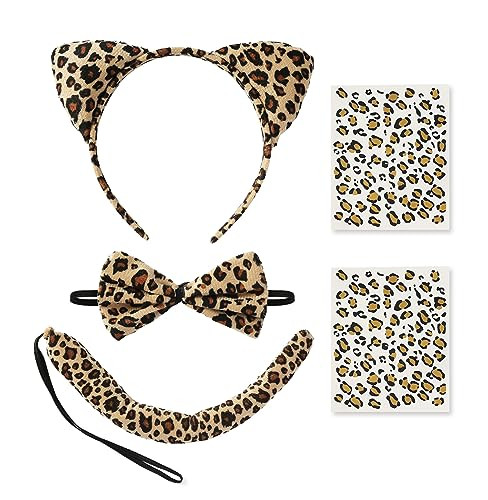 Nuolich Leopard Costume Accessories Cheetah Ears Headband Bow Tie Tail Tattoos Halloween Party Cat Cosplay | Amazon (US)