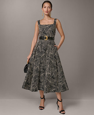 Women's Square Neck A-Line Midi Dress with Polyurethane Belt | Macy's
