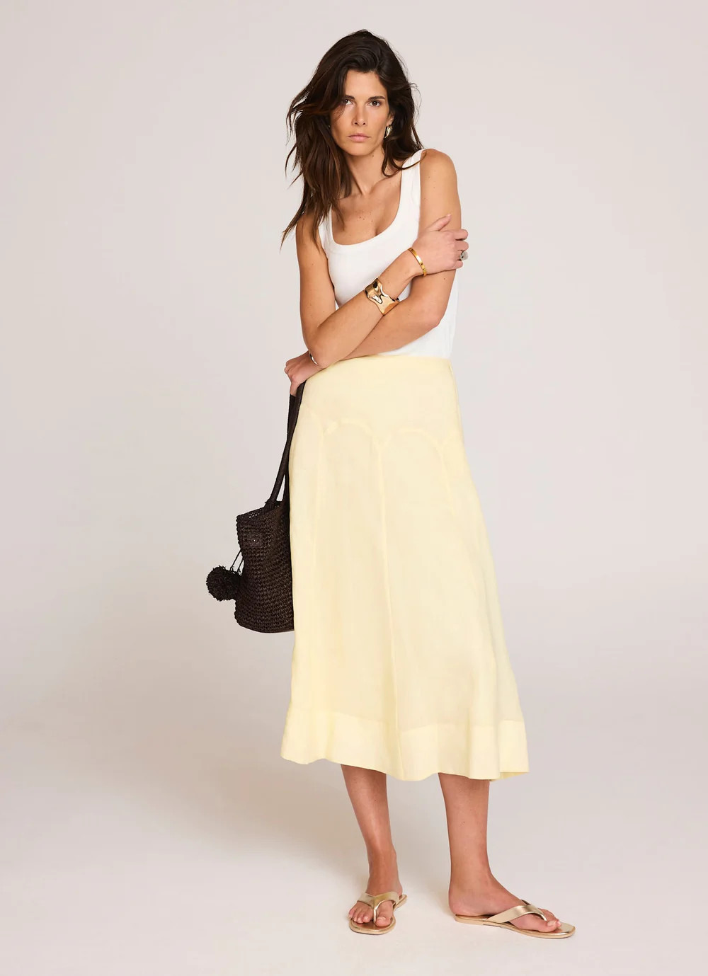 Yellow Ramie Seam Detail Midi Skirt | Mint Velvet