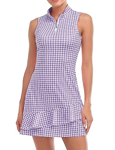 Golf Dresses for Women Cute Womens Tennis Dress with Inner Shorts, Pockets Sleeveless Zip Up Lightweight Quick Dry Golf Outfits Purple Houndstooth-M | Amazon (US)