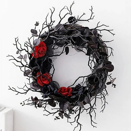Black Halloween Door-Wreath with Red Rose Wreath for Front Door Black Wreath for Gothic Halloween Home Decor | Walmart (US)