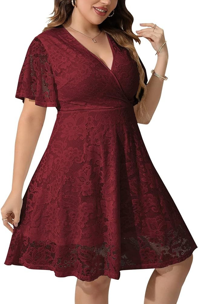 Women Plus Size Lace Cocktail Dresses Summer Wrap V Neck Short Sleeve Flowy A Line Wedding Guest ... | Amazon (US)