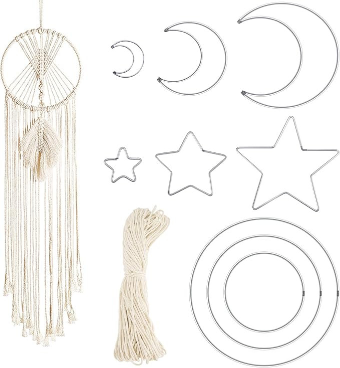 10pcs Dream Catcher Metal Rings Macrame Rope Set- 9pcs Silver Circle Half Moon Star Shaped Dream ... | Amazon (US)