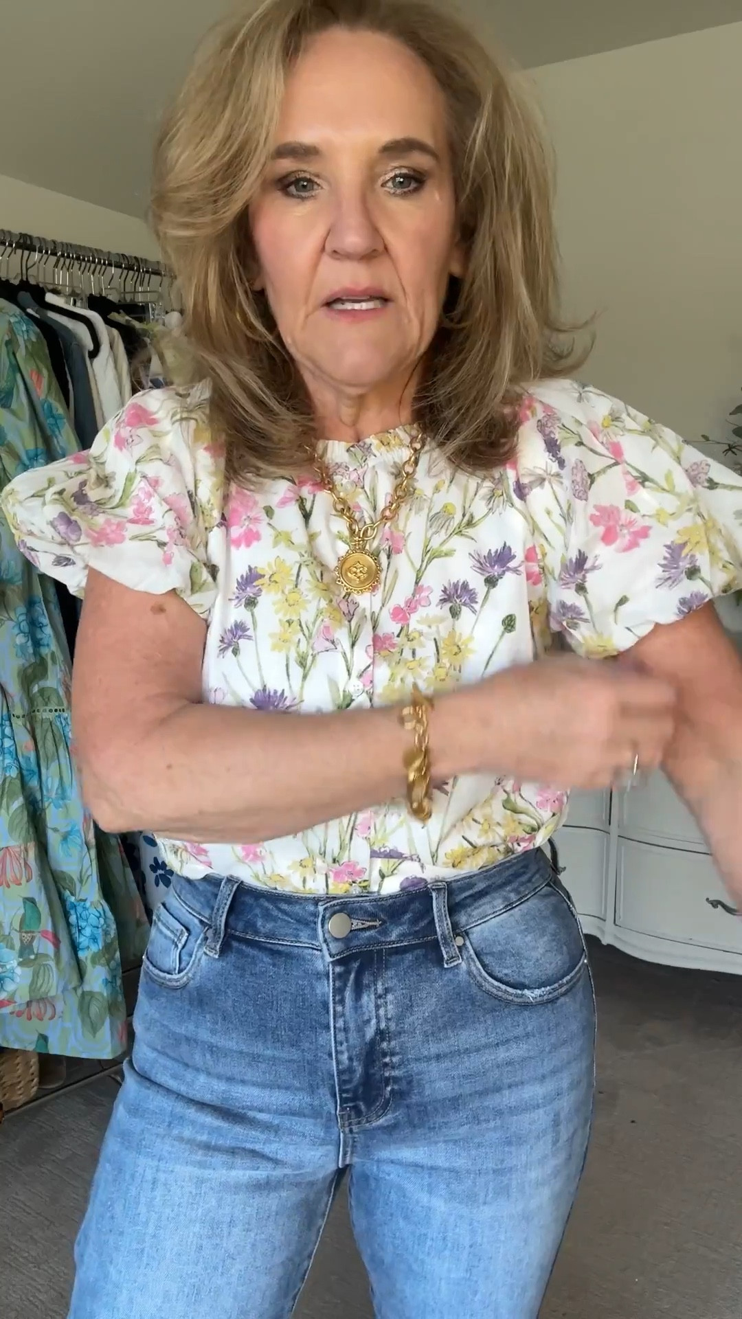 Wearing size medium in dresses 
Blouse I would size up if in between. 
Jeans size 29 
15% off code NANETTE15 on your AVARA order 

Spring dresses, Easter dresses, summer dresses, navy dress floral blouse Mother’s Day new jeans straight leg jeans 

#LTKOver40 #LTKWatchNow #LTKFindsUnder100