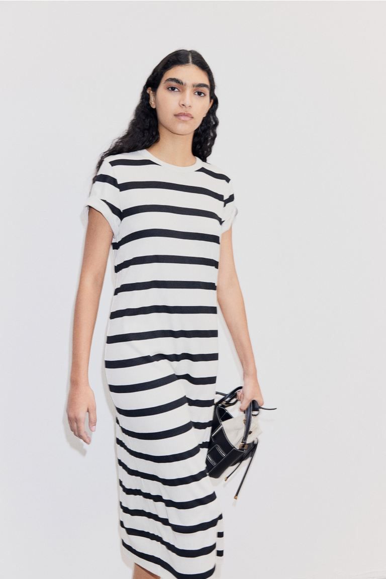 Ribbed Jersey Dress - White/striped - Ladies | H&M US | H&M (US + CA)