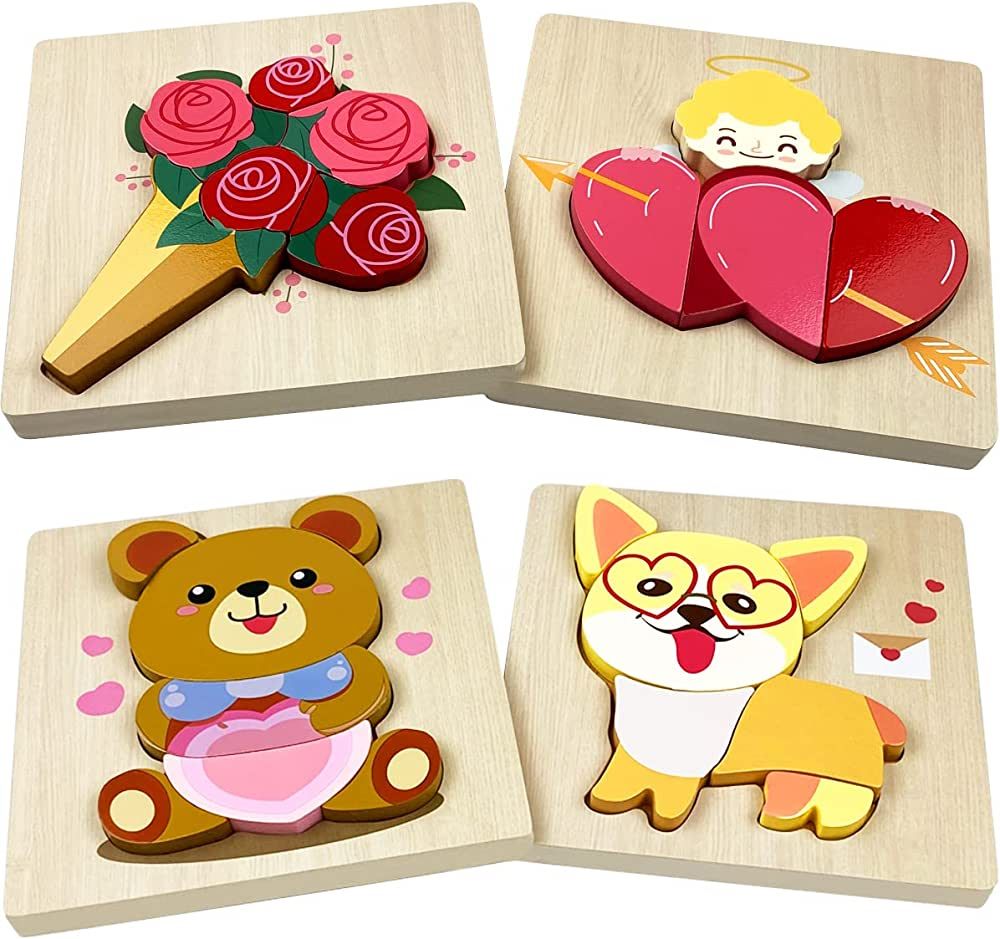 Anditoy 4 Pack Valentines Day Wooden Puzzles for Kids Toddlers Valentines Gifts Party Favors | Amazon (US)