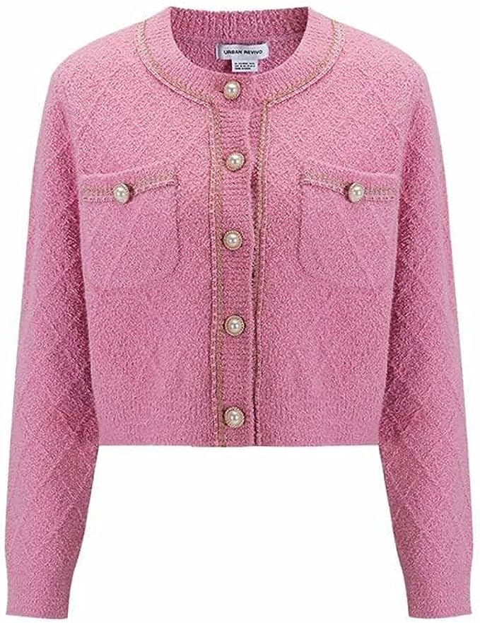 URBAN REVIVO Women's Casual Cardigans Open Front Cardigan Pearl Button Slim Fit Vintage Long Slee... | Amazon (US)