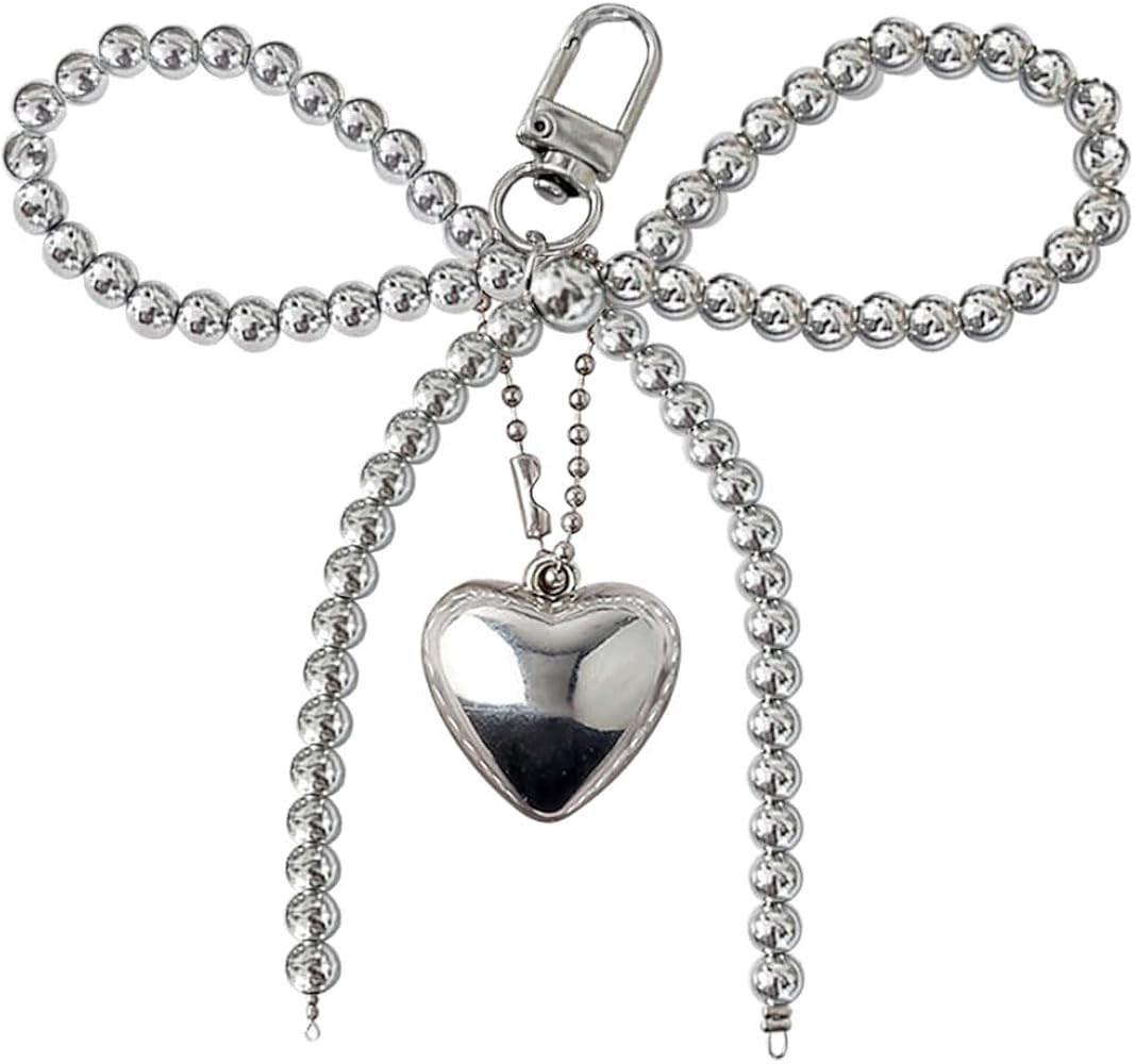 Y2k Keychain Accessories Silver Pearl Bow Key Chain Phone Charm Heart Pendant Beaded Bowknot Cute... | Amazon (US)