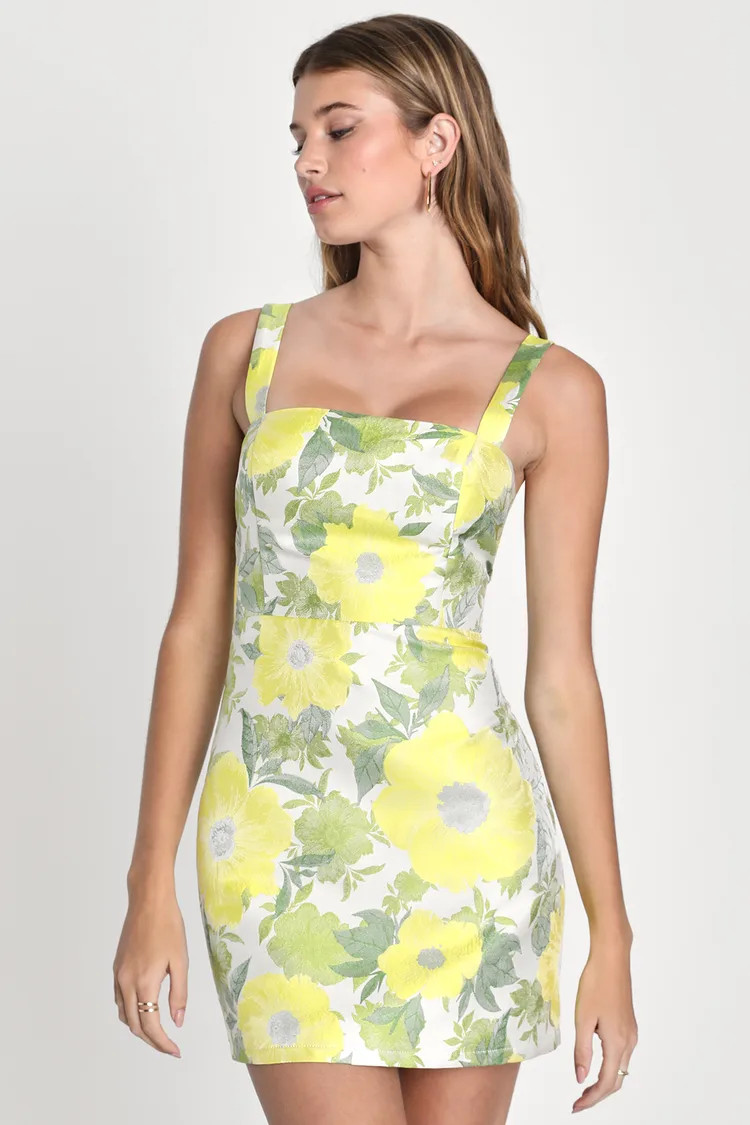 Always In Bloom Cream Multi Floral Jacquard Mini Dress | Lulus (US)