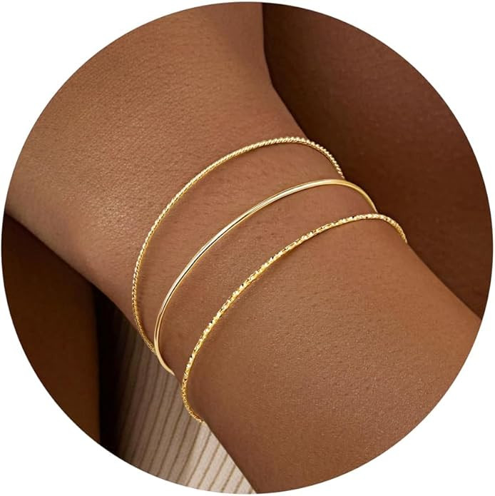 Dainty Thin Gold Bangle Cuff Bracelet Set for Women Trendy, Waterproof 14K Gold Pated Bracelet St... | Amazon (US)