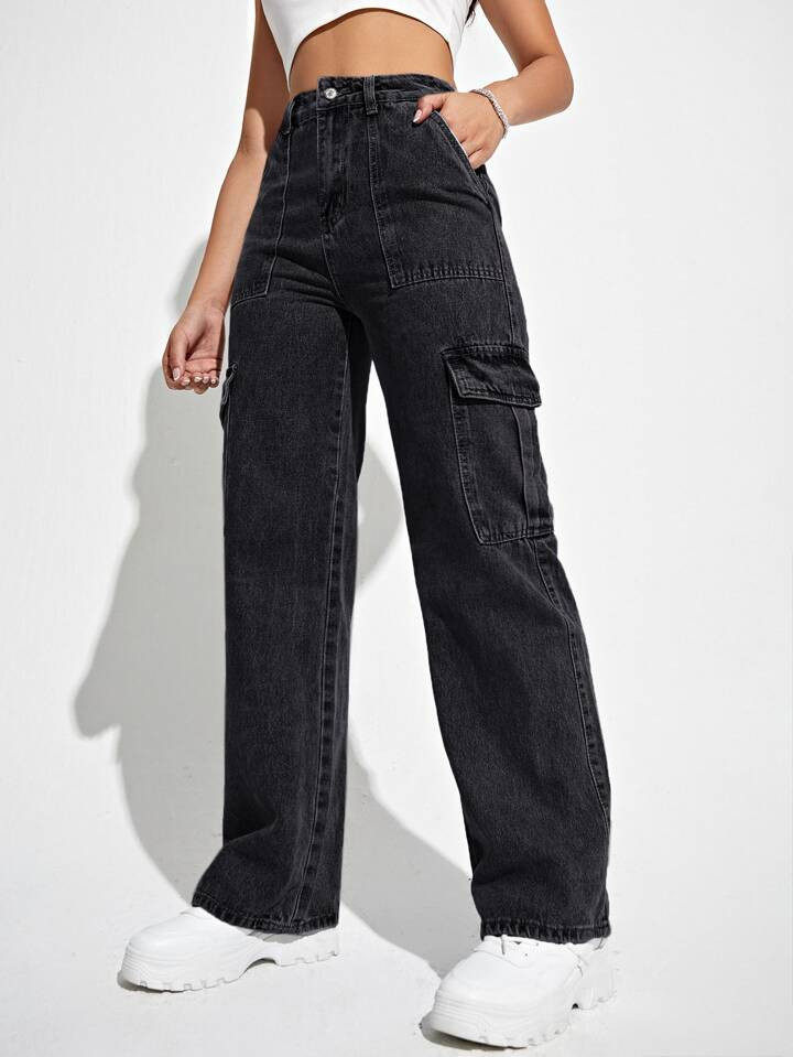 SHEIN High Waisted Flap Pocket Cargo Jeans | SHEIN