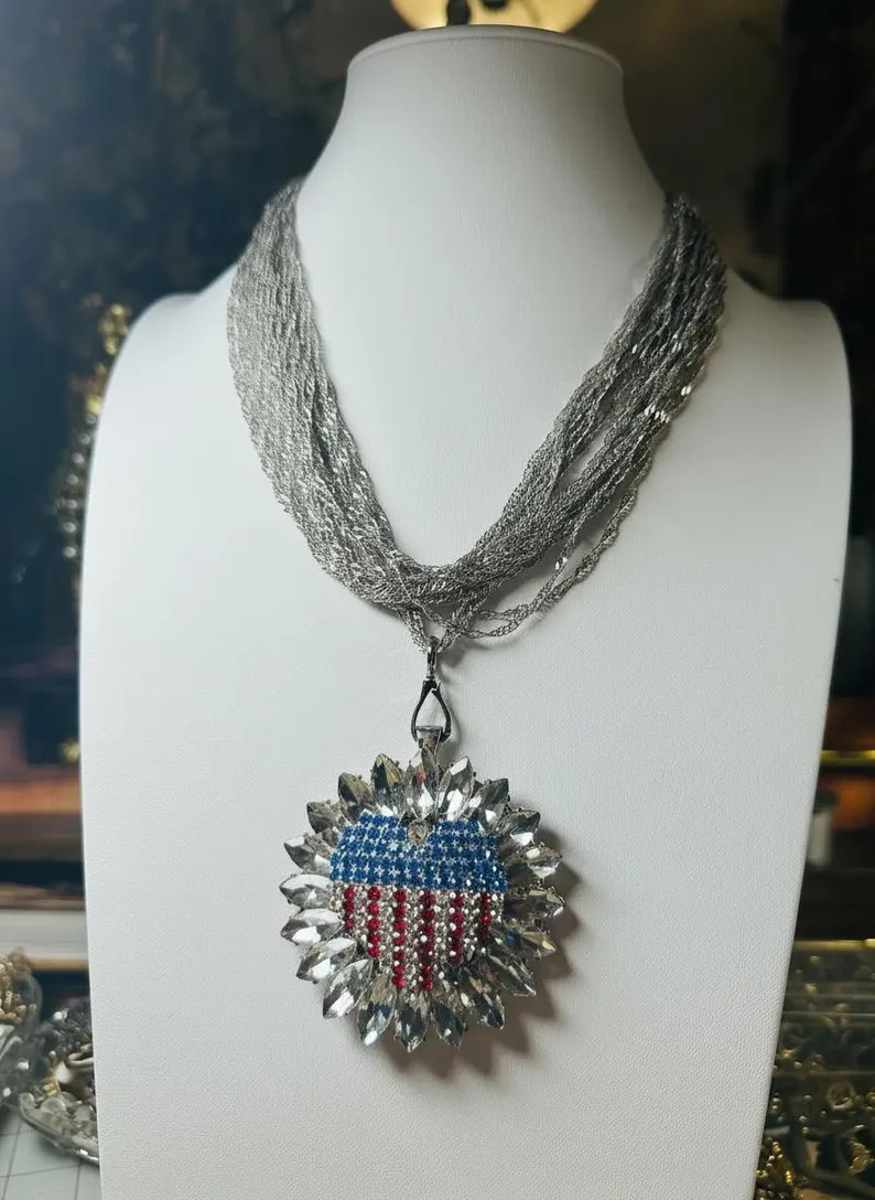 Heartland | Reversible Cowhide & Crystal Statement Necklace | 1990s Silvertone Multi-Strand Chain... | Etsy (US)