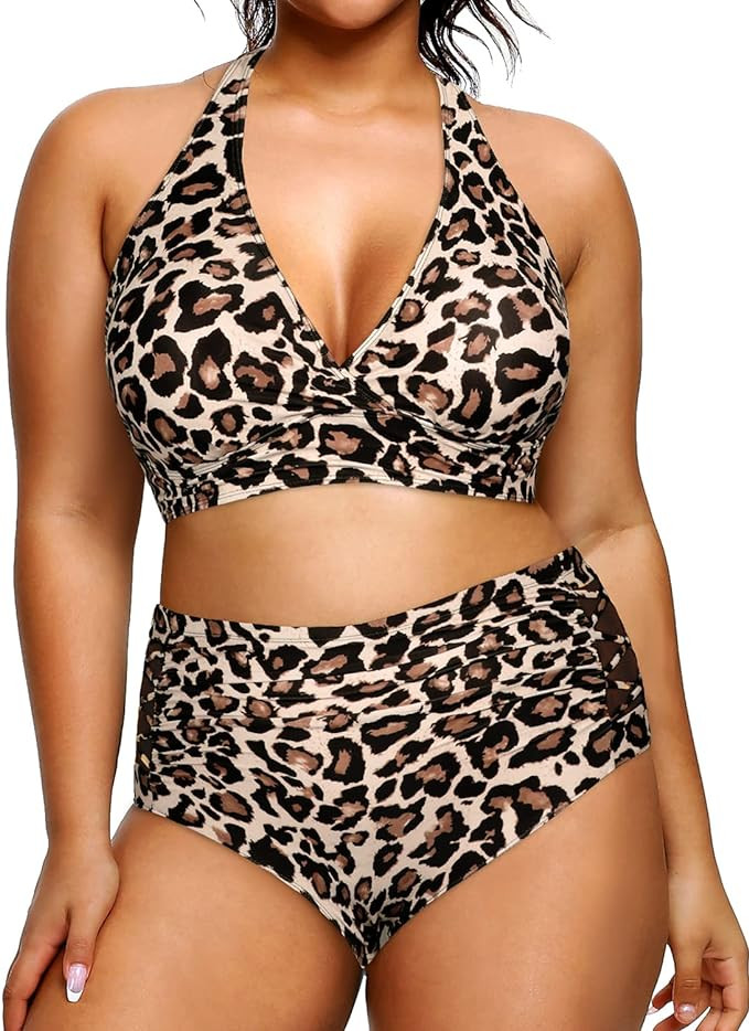 Yonique Womens Two Piece Plus Size Halter Bikini Swimsuits Tummy Control Bathing Suits High Waist... | Amazon (US)