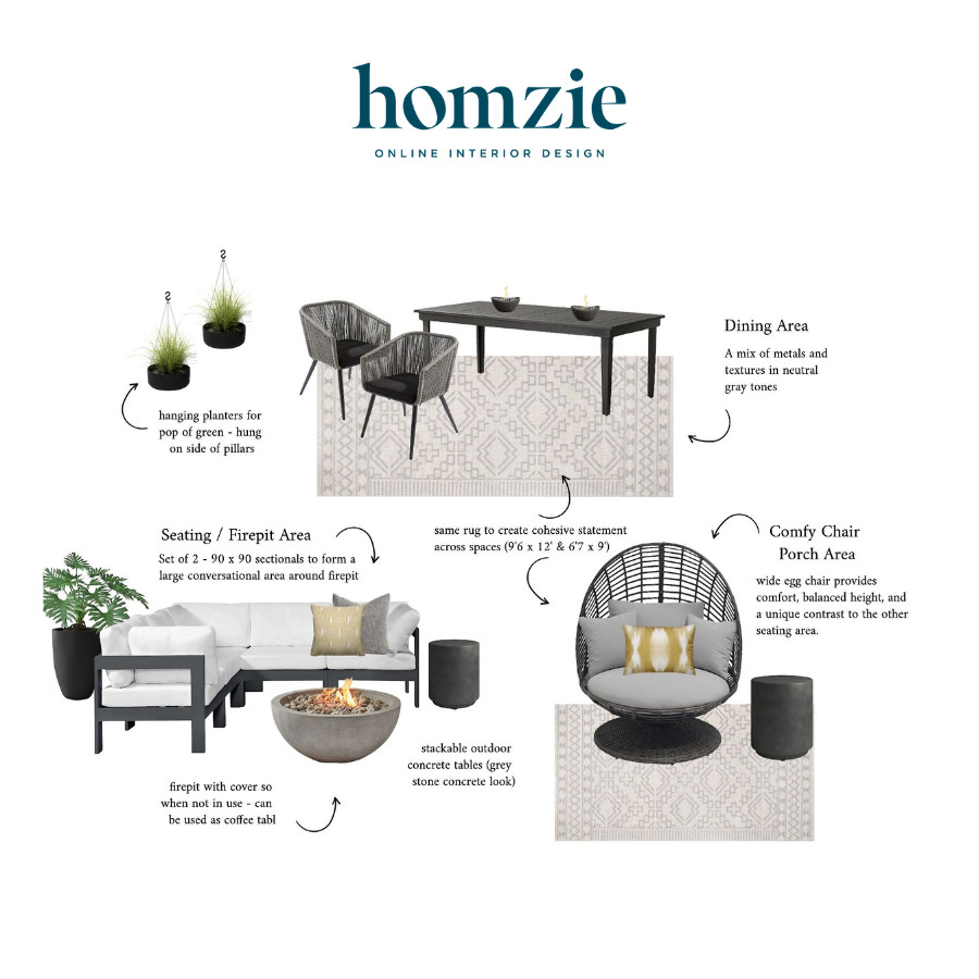 This outdoor space has a sleek, neutral design. It features a sectional with a firepit, an egg chair, a black dining set, concrete side tables, hanging planters, and a patterned rug. 

 #LTKHome #LTKSaleAlert #LTKStyleTip