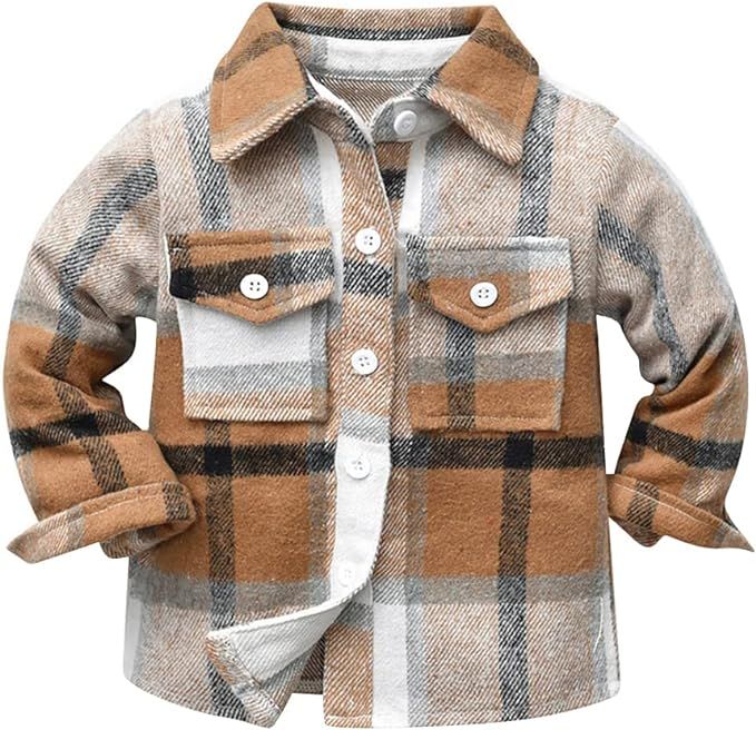 Toddler Baby Boys Plaid Flannel Shirt Long Sleeve Button Down Shirts Fur-Lined Jacket Shirt Winte... | Amazon (US)