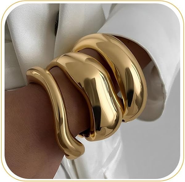 Chunky Gold Bangle Bracelets for Women, 14k Gold Plated Dainty Cuff Stackable Bangles Set, Trendy... | Amazon (US)
