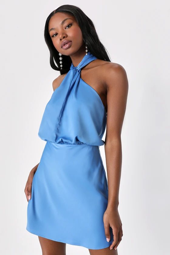 Sleek Essence Blue Satin Halter Sleeveless Mini Dress | Lulus (US)