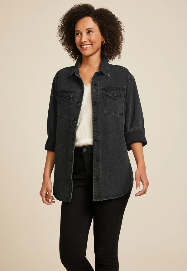 Black Sparkle Denim Shacket | Maurices