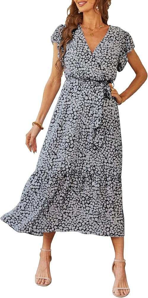 PRETTYGARDEN Women's Summer Floral Boho Maxi Dress Short Sleeve Wrap V Neck Ruffle Long Flowy Bea... | Amazon (US)