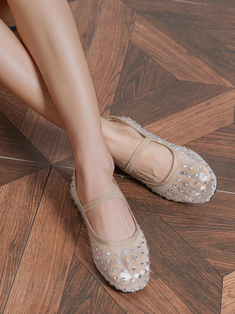 Fall/Winter Women's Mesh Flat Shoes With Apricot Rhinestone, Breathable Fishnet Mesh Material, Light And Breathable, White Rhinestones For Shimmering Look, Breathable And Anti-Slip, Incredibly Comfortable, Simple Style, Suitable For Spring/Summer Outfits, Parties, Shopping, Festivals, Daily Wear, Activities, Elegant, Parties, Celebrations, Flat Shoes, Ballet Shoes, Fishnet Shoes | SHEIN