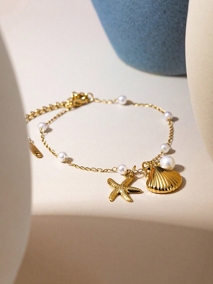 1pc INS Style Stainless Steel Pearl Chain Seashell Starfish Pendant Bracelet For Summer Beach | SHEIN