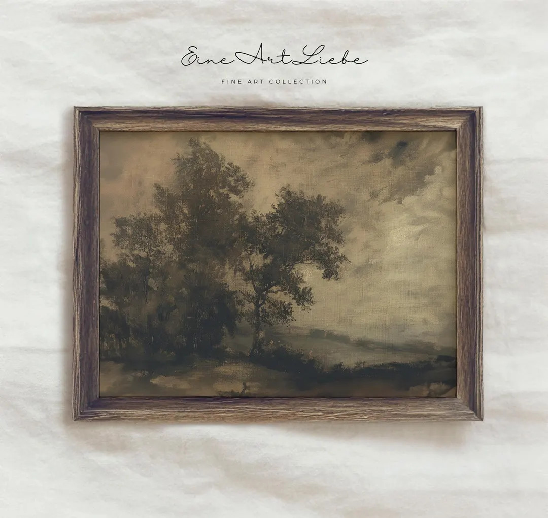 Vintage Moody Landscape Painting Printable Rustic Academia Wall Art Print Dark Warm Neutrals Anti... | Etsy (US)