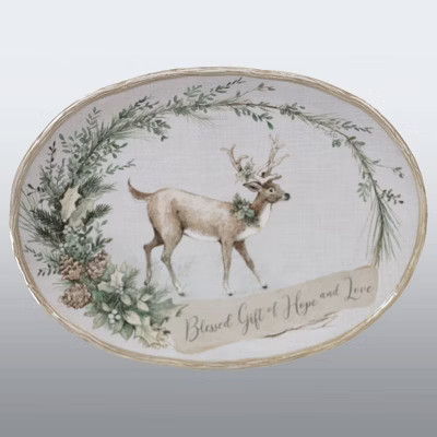 16" x 12" Earthenware Holly and Ivy Oval Serving Platter White - Certified International | Target