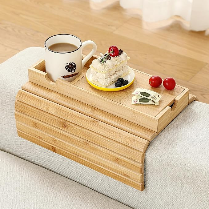 Sofa Arm Tray, Bamboo Large Couch Cup Holder Tray with Hidden Storage, Sofa Armrest Tray Portable... | Amazon (US)