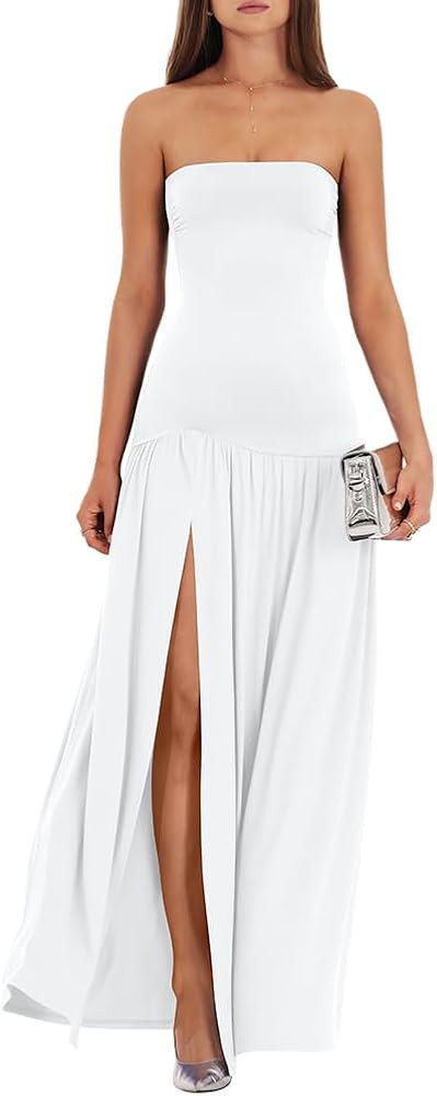 LAGSHIAN Women's Summer Strapless Flowy Maxi Dress Tube Bodycon Split A Line Long Party Dresses | Amazon (US)