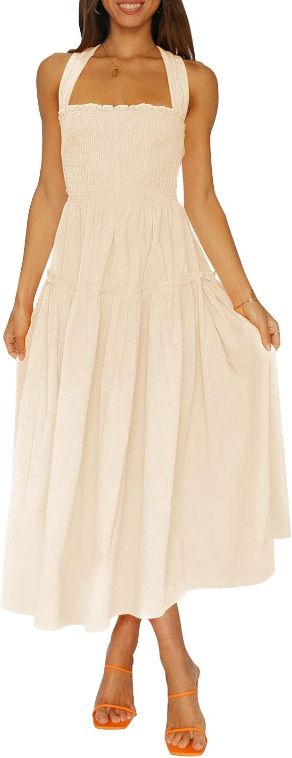 ZESICA Women's Summer Boho Sleeveless Halter Neck Strappy Backless Smocked Flowy Tiered Midi Dress | Amazon (US)