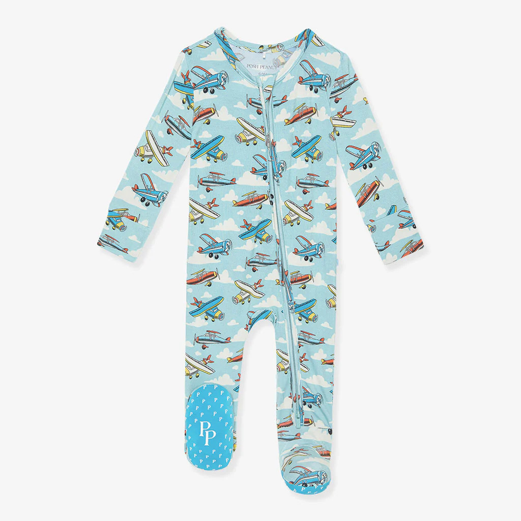 Aircraft Blue One Piece Baby Footie Pajamas | Posh Planes | Posh Peanut